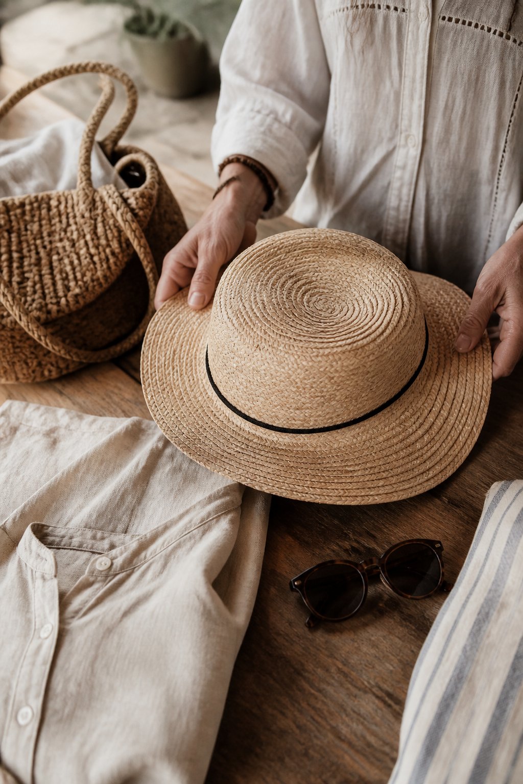 A wide-brim straw hat resting on a wooden surface with a person's hands nearby, alongside a linen shirt and sunglasses, softly lit by daylight.