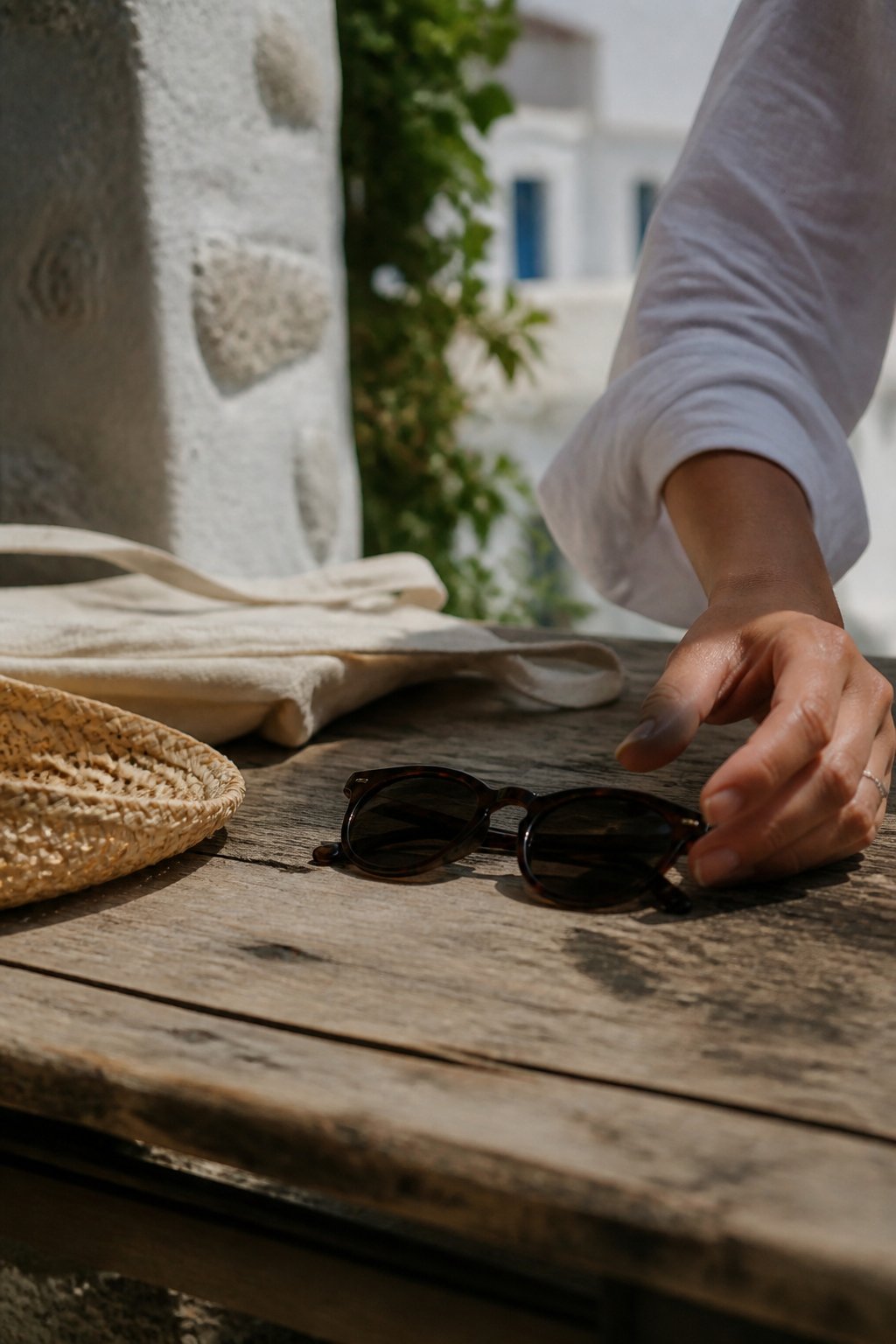A pair of polarized UV-protective sunglasses resting on a textured wooden surface with a hand reaching towards them, surrounded by summer clothing and accessories in a sunlit outdoor setting.