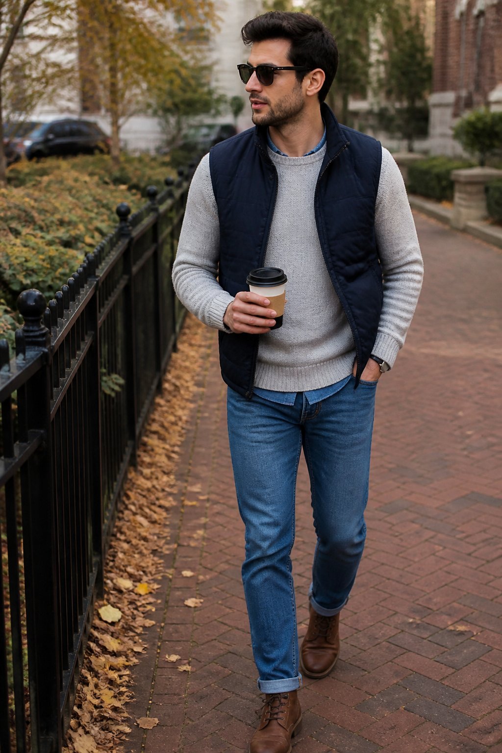 A person outdoors wearing layered clothing suitable for 50 degree weather, including a knit sweater, casual jacket, jeans, and sneakers, standing casually with natural daylight and soft shadows.