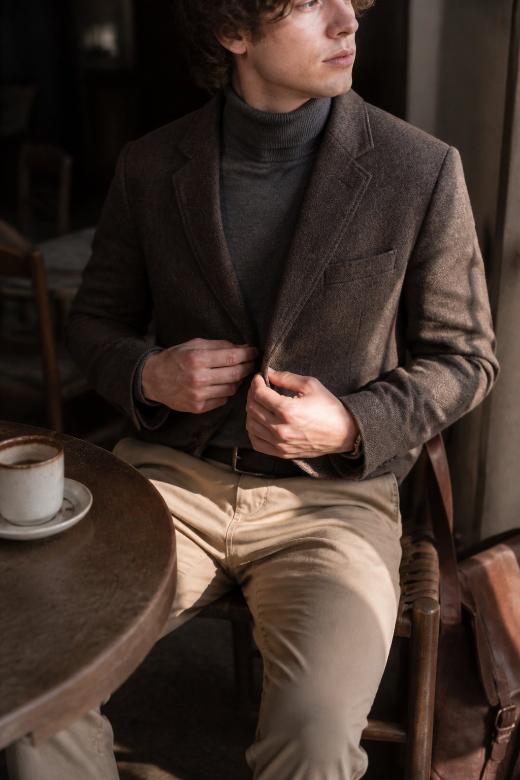 Person wearing a cropped wool blazer, thin turtleneck, and tailored chinos in soft daylight, with hands holding a leather satchel in a casual indoor setting.
