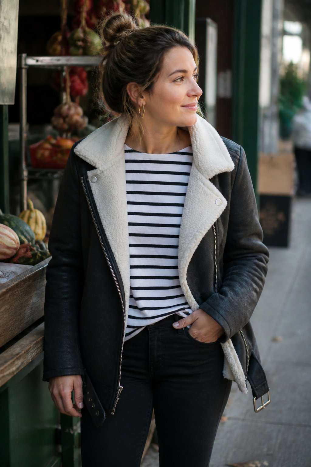Person wearing a fleece-lined moto jacket, striped top, and black skinny jeans standing casually in soft daylight with natural shadows.