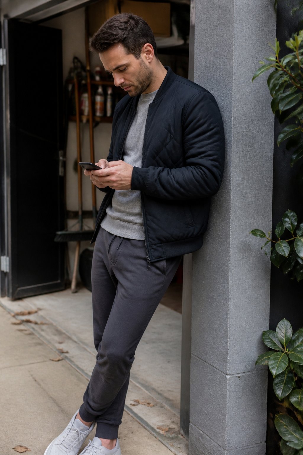 Person wearing a quilted bomber jacket, crewneck sweater, and slim joggers standing casually in soft daylight with slightly uneven shadows.
