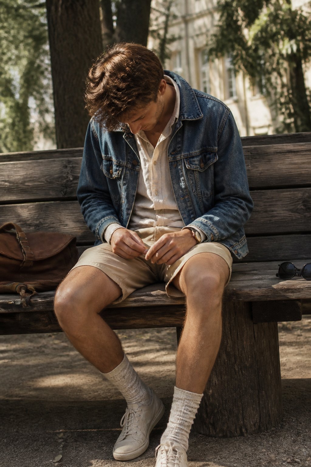 A person wearing a denim jacket, linen shirt, chino shorts, and calf-high socks sitting casually on a wooden bench with a leather satchel and sunglasses nearby.