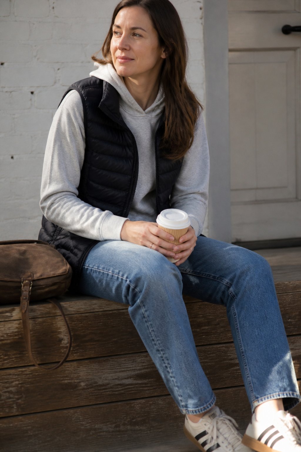 A person wearing a lightweight puffer vest over a hoodie and straight-leg jeans in a softly lit casual setting.