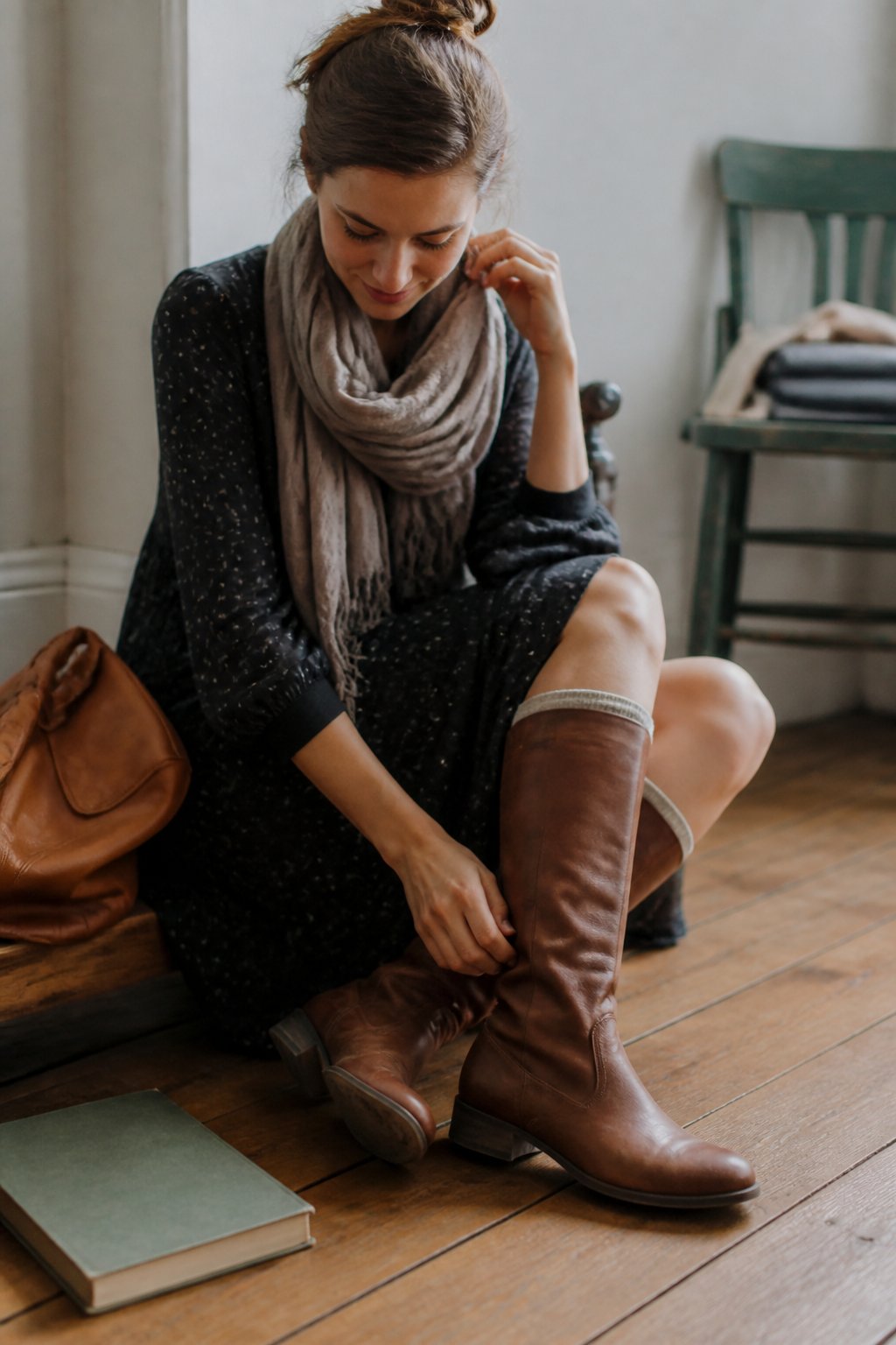 A person wearing leather riding boots, a midi dress, and a lightweight scarf standing indoors near wooden floorboards, with soft daylight coming through a nearby window.