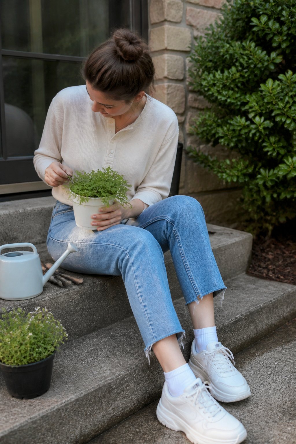 A person wearing chunky white sneakers, cropped jeans, and a long-sleeve henley standing casually with natural daylight and soft shadows.