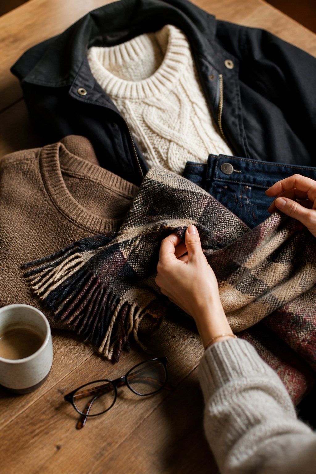 A casually arranged outfit with sweaters, jackets, and scarves on a wooden surface, with a pair of hands adjusting a scarf and a coffee cup nearby.