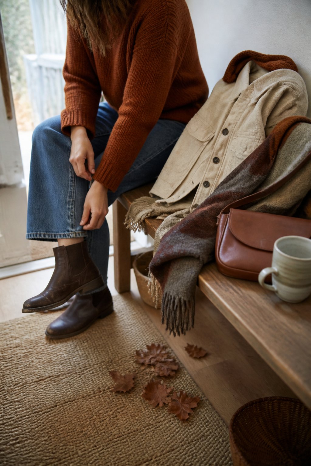 A person adjusts a layered fall outfit beside a bench holding sweaters, jeans, boots, a scarf, and a bag.