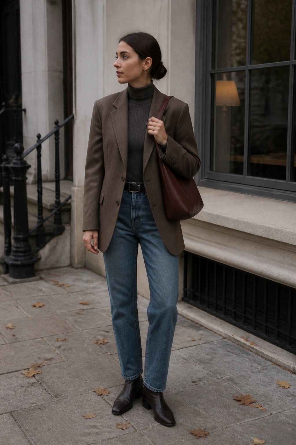 A person wearing an oversized blazer, fitted turtleneck, and straight-leg jeans outdoors in an autumn setting.