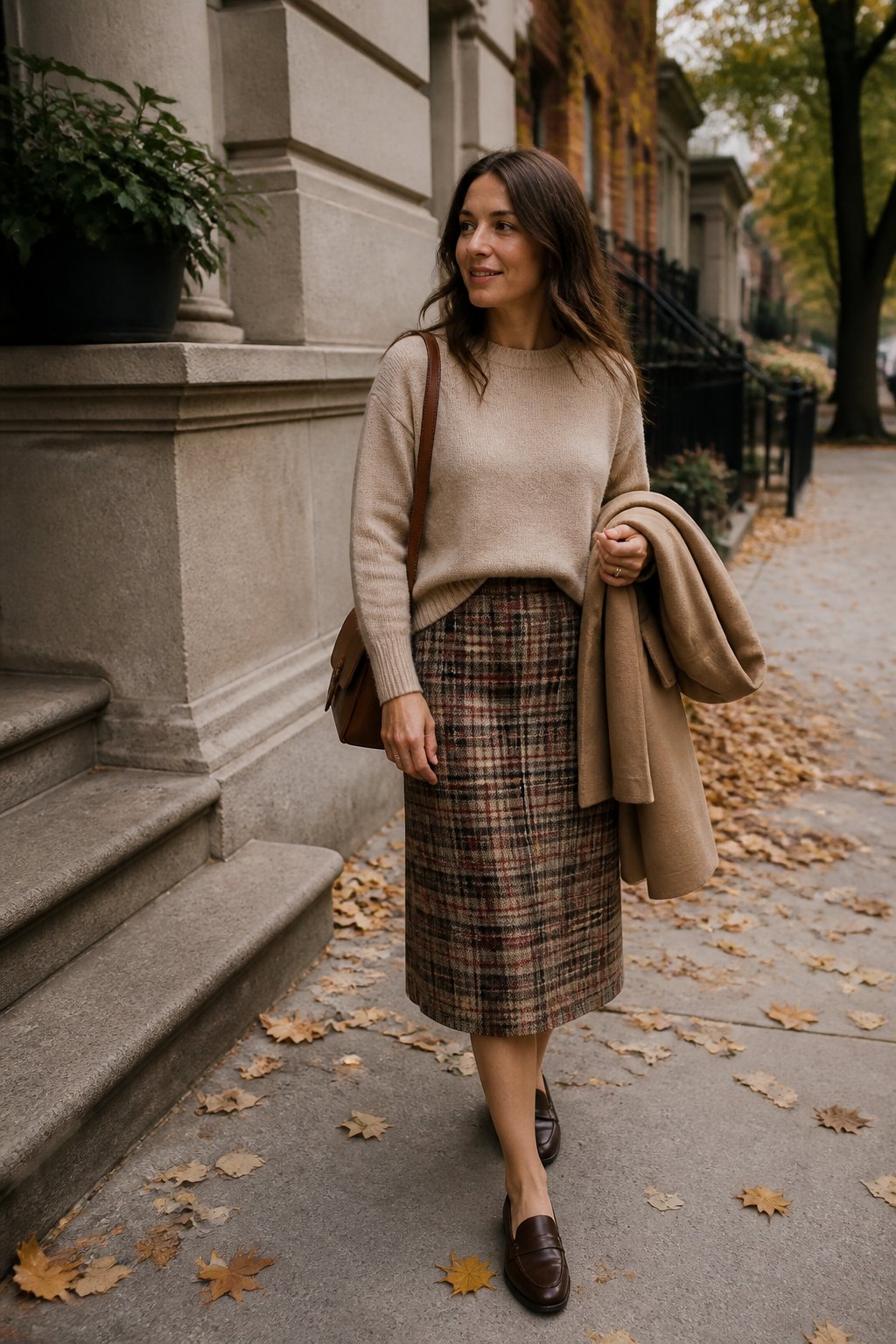 A woman wears a plaid midi skirt, a cashmere sweater, and loafers on an autumn day.