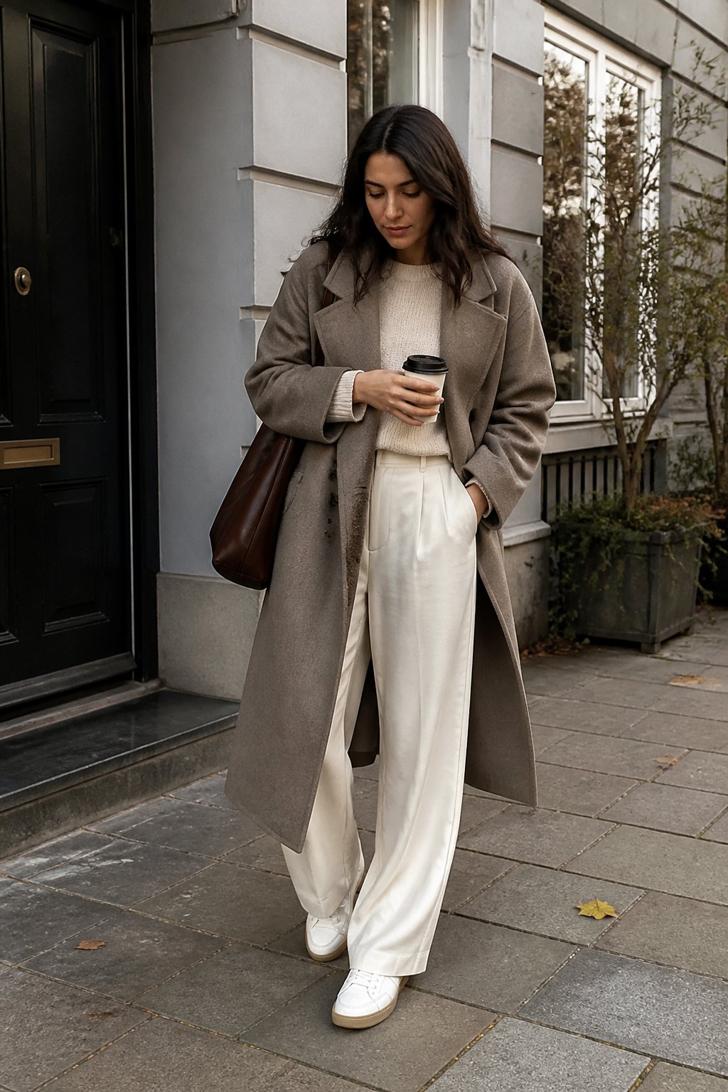 A person wearing a long wool coat, wide-leg trousers, and leather sneakers walks along a quiet autumn street.
