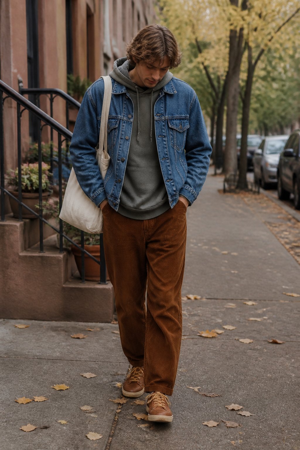 A person wearing a denim jacket over a hoodie with brown corduroy pants in a casual autumn setting.