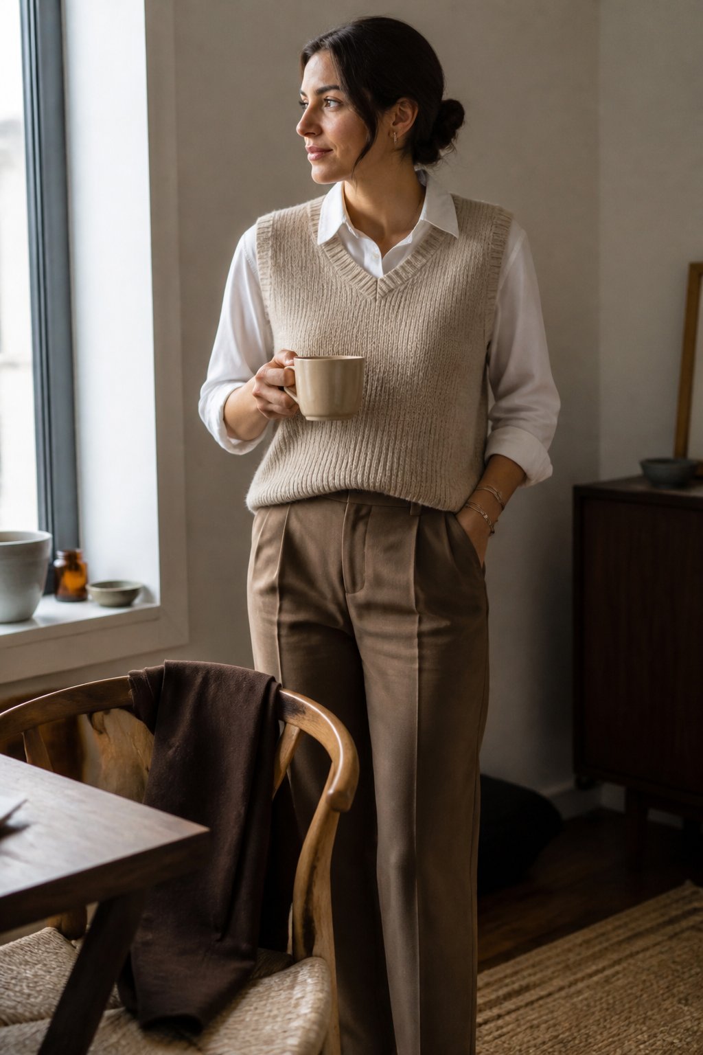 A person wearing a sweater vest over a button-down shirt and tailored trousers stands in a softly lit indoor setting.