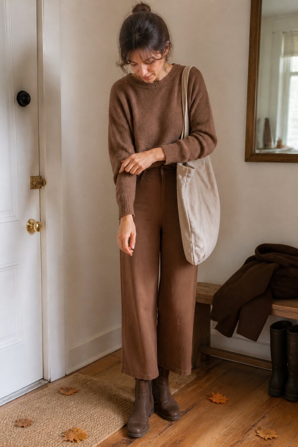 A person wearing a brown knit sweater, matching clothing, and brown suede ankle boots in a softly lit autumn setting.