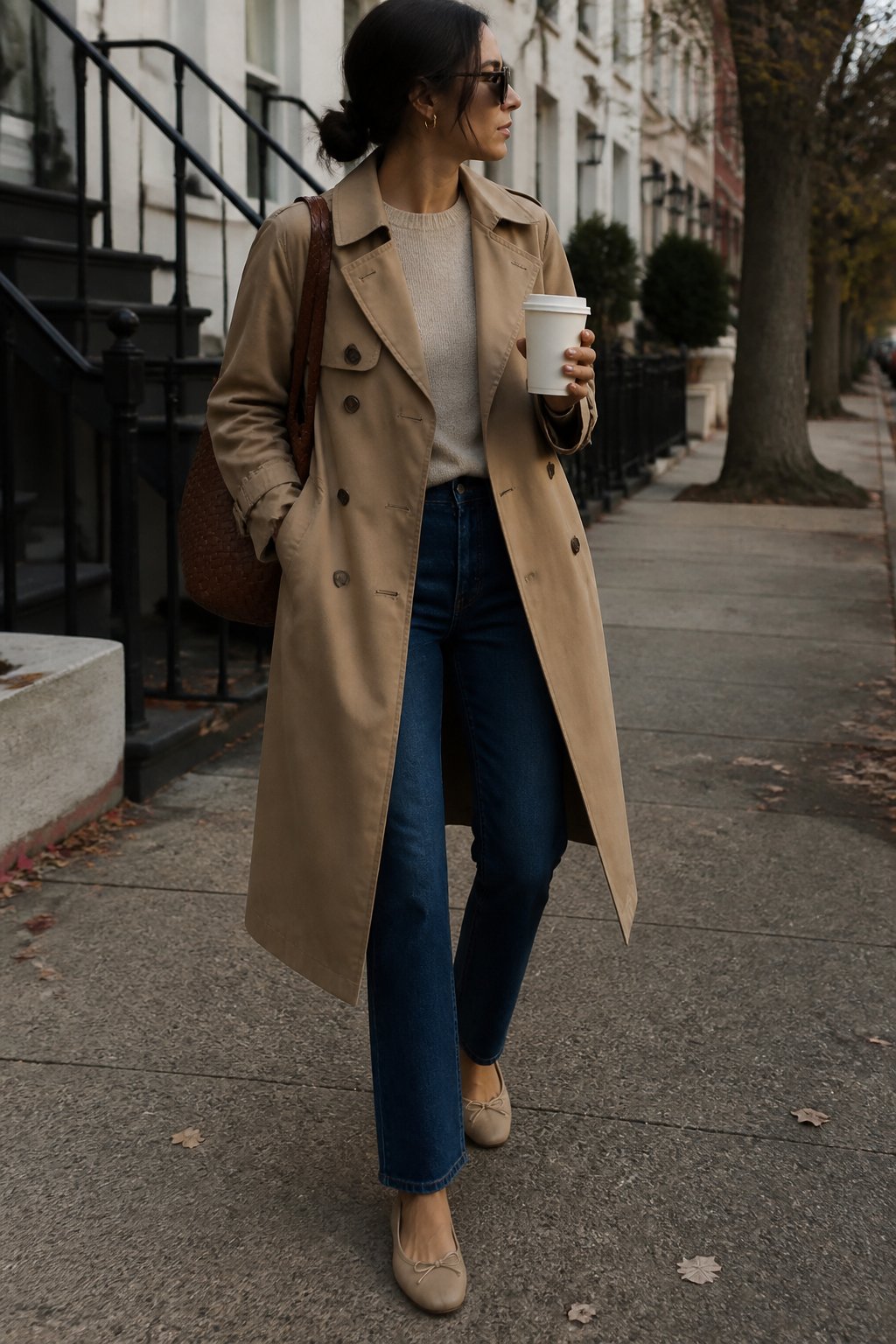 A person wearing a camel trench coat, dark jeans, and ballet flats stands outdoors in a fall setting.