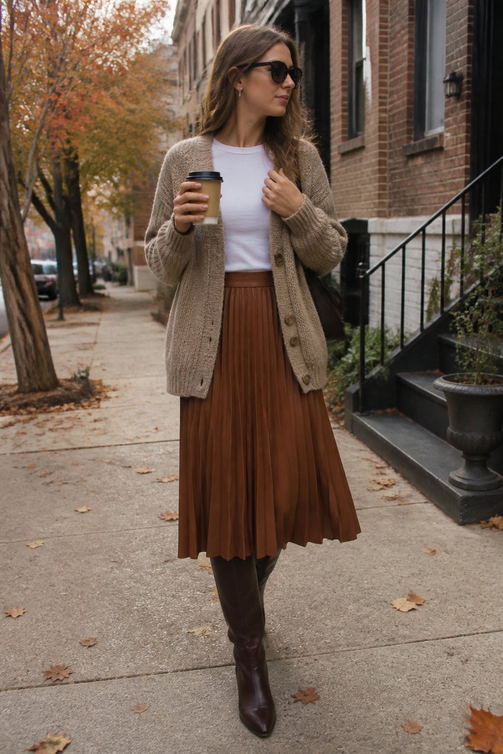 A woman wears a chunky cardigan, pleated skirt, and knee-high boots outdoors in autumn.