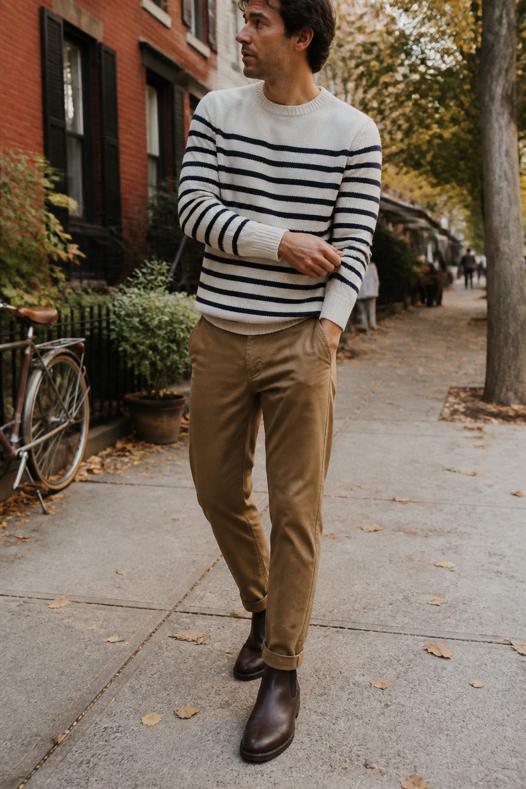 A person wearing a striped sweater, relaxed chinos, and Chelsea boots walks outdoors on an autumn day.