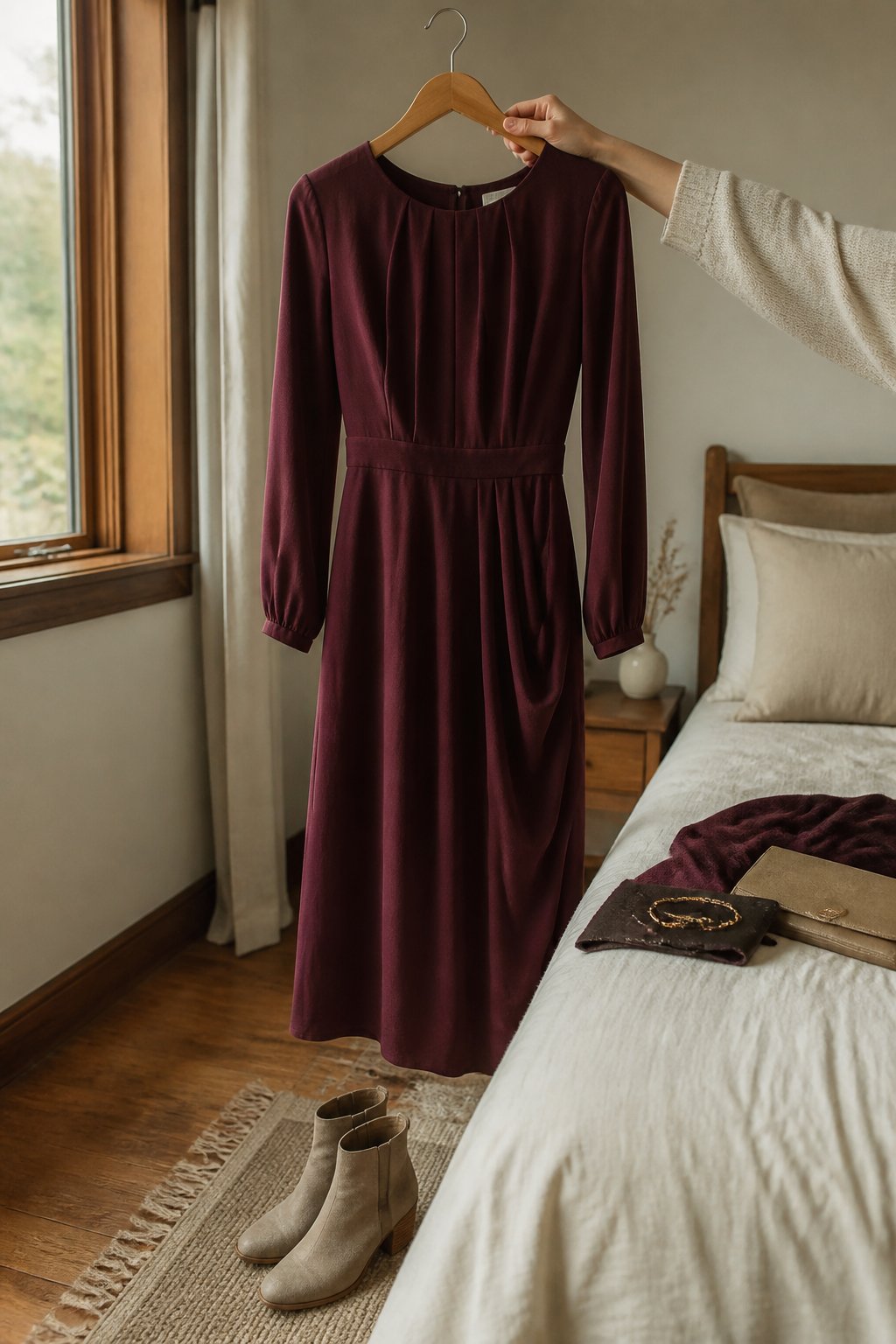 A rust-colored fall wedding guest dress hangs near a sunlit window with boots and a small clutch nearby.