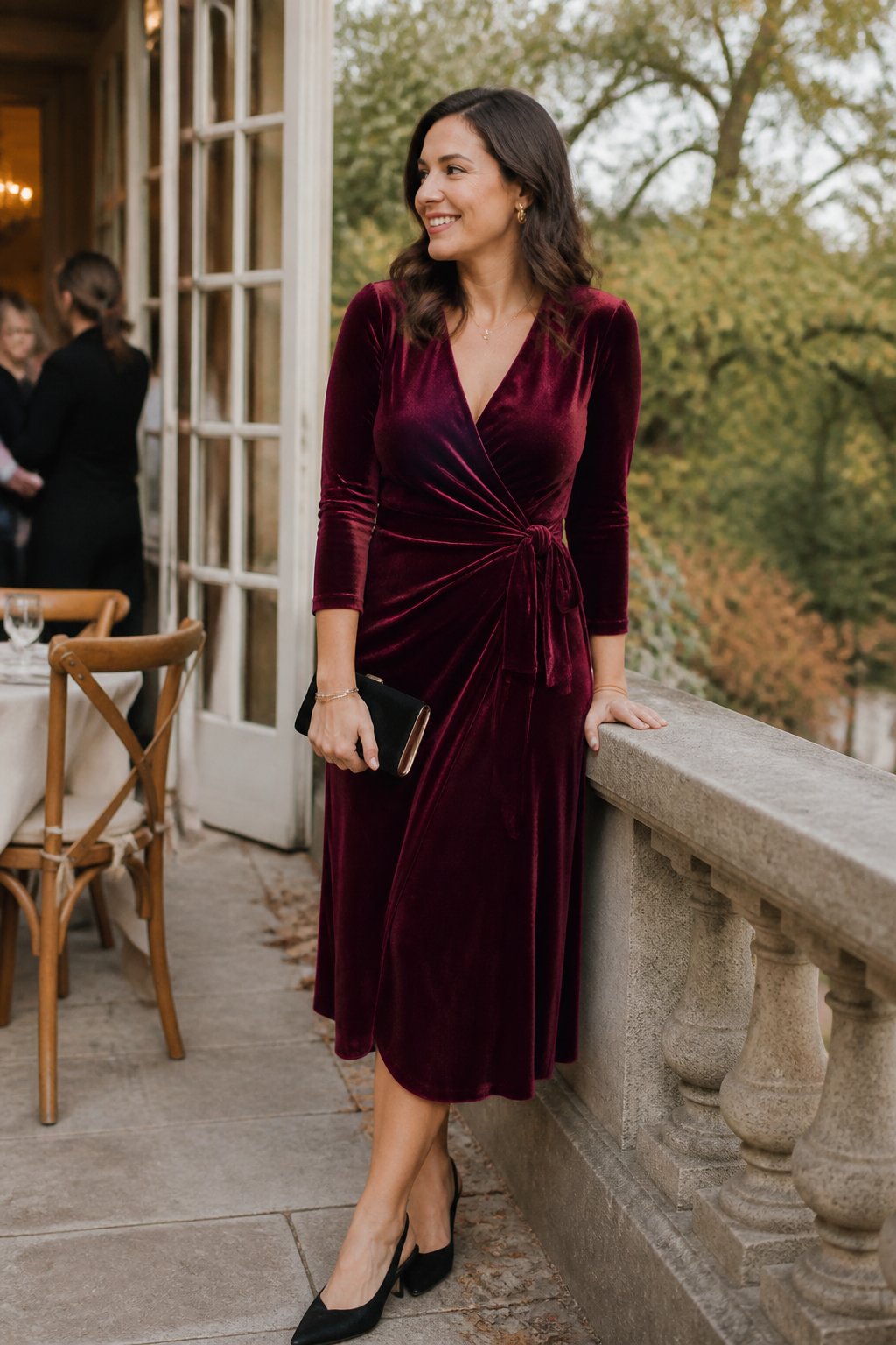 A woman wearing a burgundy velvet wrap midi dress at a softly lit fall wedding setting.