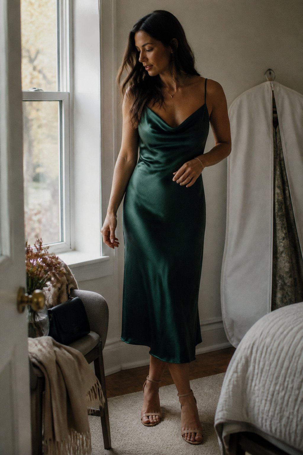 Woman wearing an emerald green satin cowl-neck midi dress in a softly lit room.