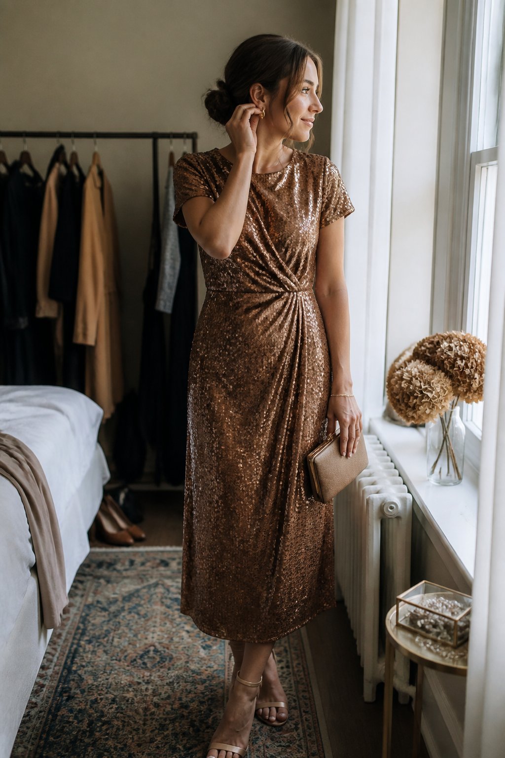 Woman wearing a bronze sequin midi dress in a softly lit room.