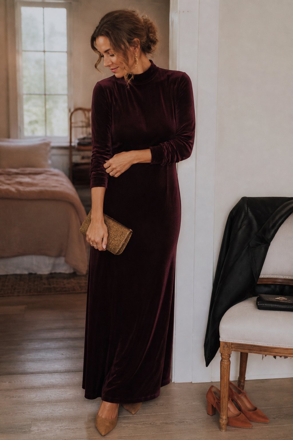A woman wearing a deep-colored high-neck velvet maxi dress stands near a softly lit doorway.
