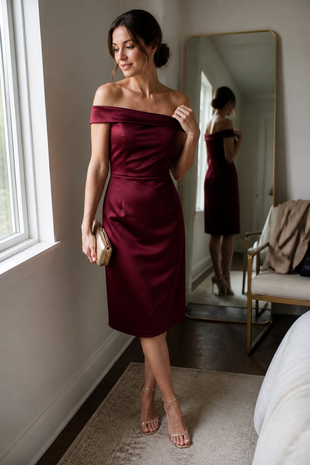 A woman wearing a wine-red off-the-shoulder cocktail dress stands indoors while preparing to attend a wedding.