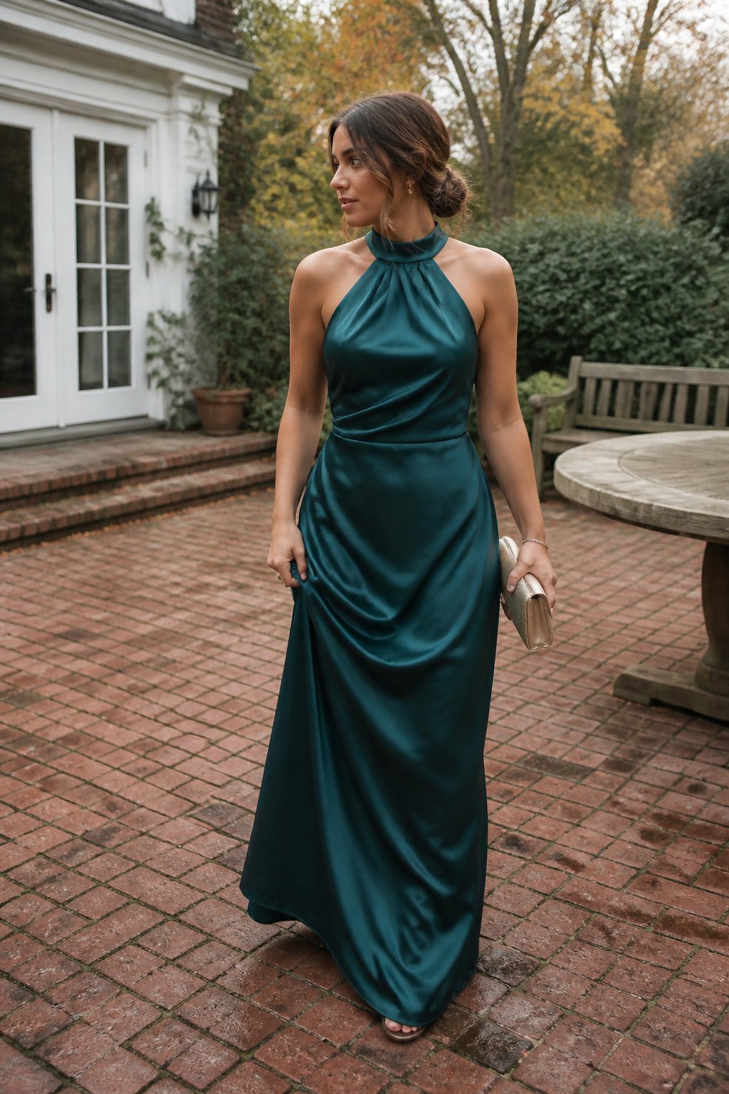 A woman wearing a deep teal halter-neck satin maxi dress stands outdoors in a softly lit autumn setting.