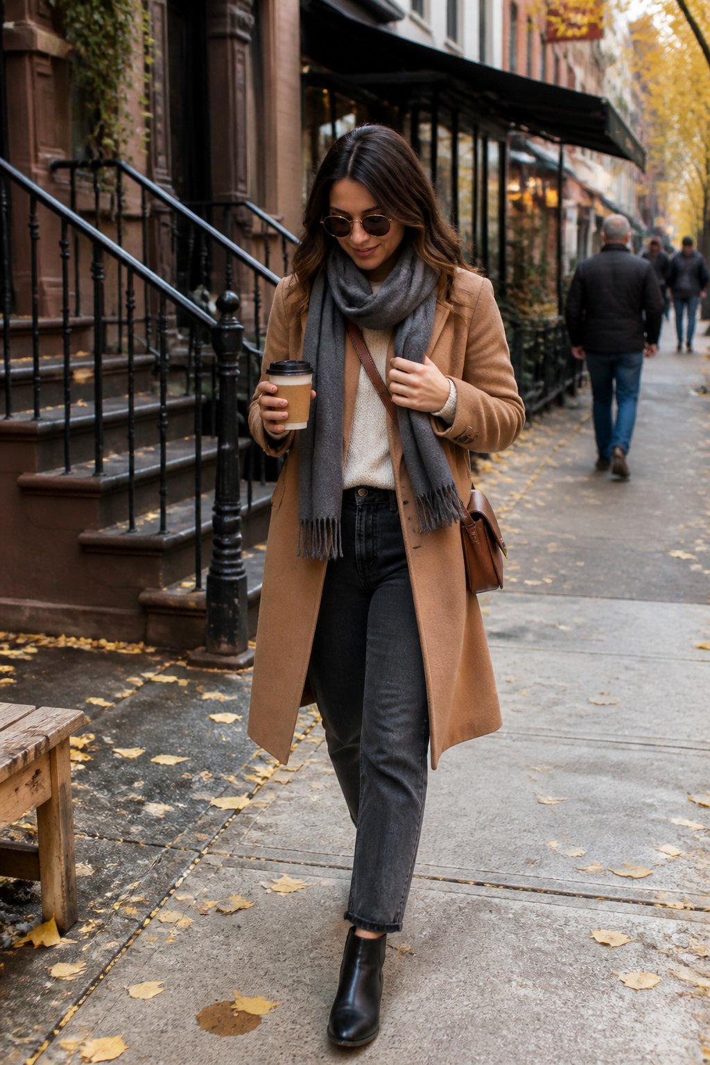 A person in layered fall clothing walks along a New York City sidewalk lined with brownstone buildings and autumn leaves.