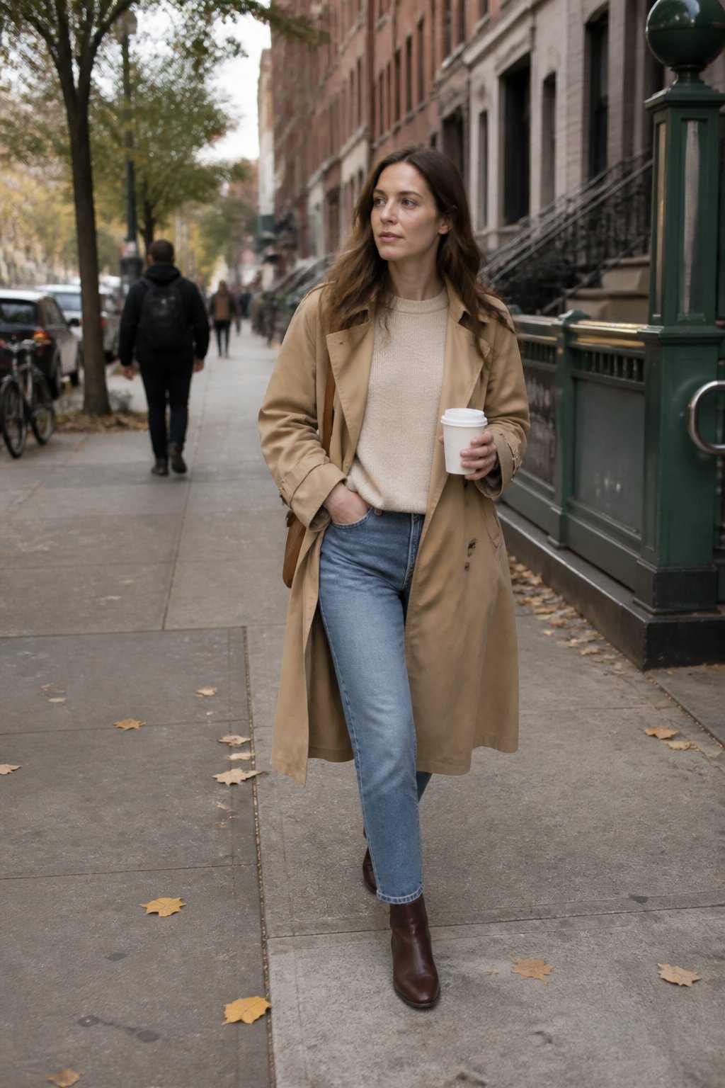 A woman in a camel trench coat, knit sweater, and straight-leg jeans walking along a New York City sidewalk in autumn.