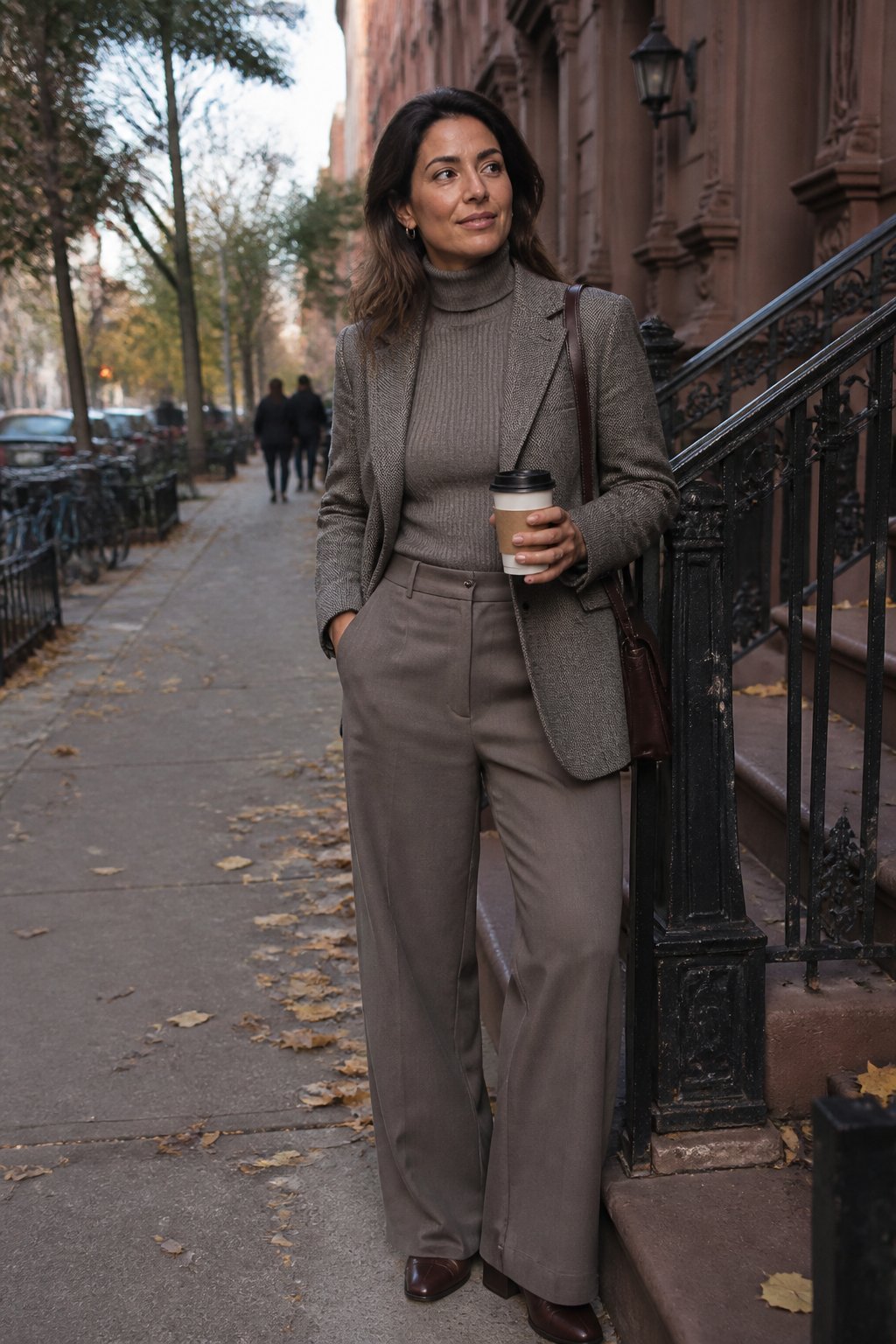 A woman in a wool blazer, turtleneck, and tailored trousers stands on a New York sidewalk in autumn.