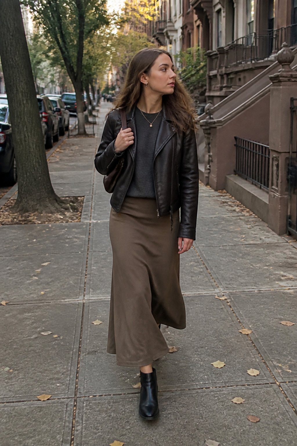 A person wearing a leather jacket, midi skirt, and ankle boots walks along a New York City sidewalk in autumn.