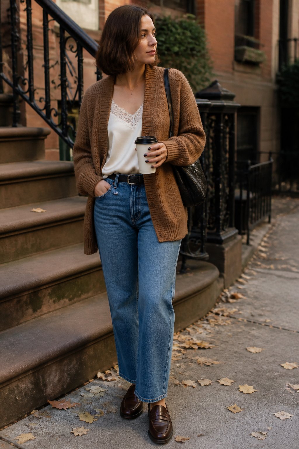 A woman in an oversized cardigan, silk camisole, jeans, and loafers walking along a New York City sidewalk in autumn.