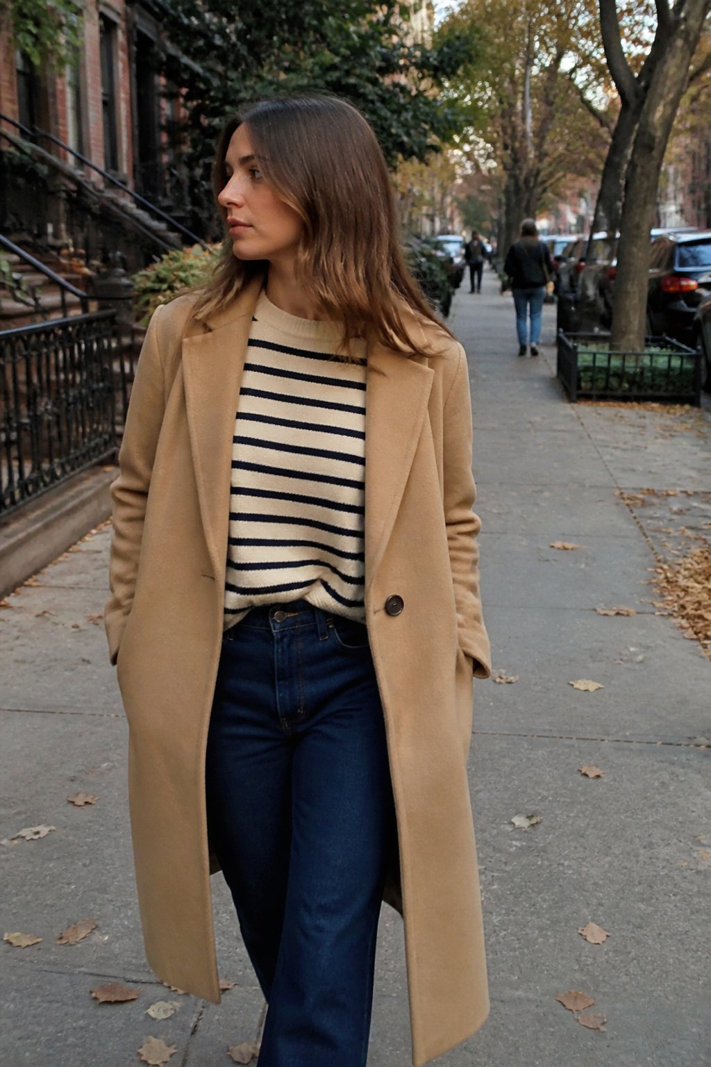 A person wearing a camel coat, striped sweater, and dark jeans walks along an autumn New York City sidewalk.