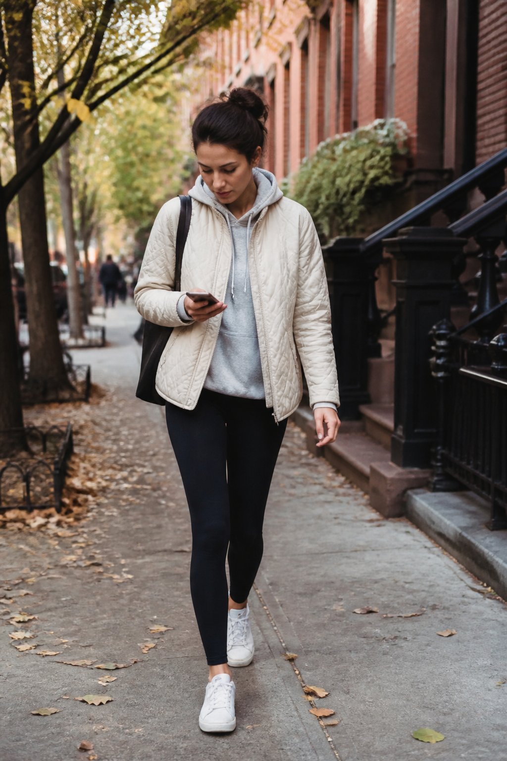 A person wearing a quilted jacket, hoodie, leggings, and white sneakers walks along a New York City sidewalk in fall.