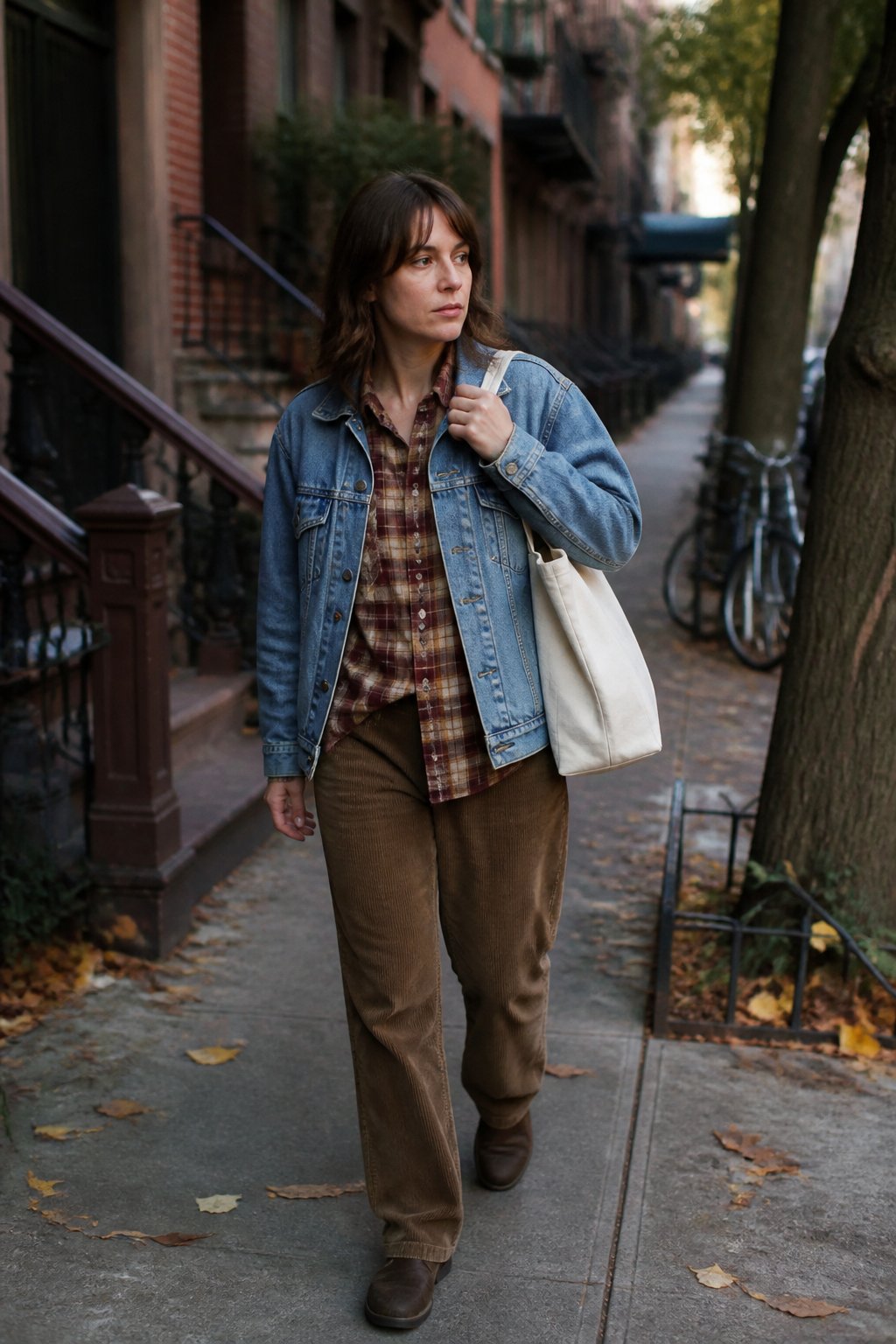 Person wearing a denim jacket over a plaid flannel shirt and brown corduroy pants on a New York sidewalk in autumn.