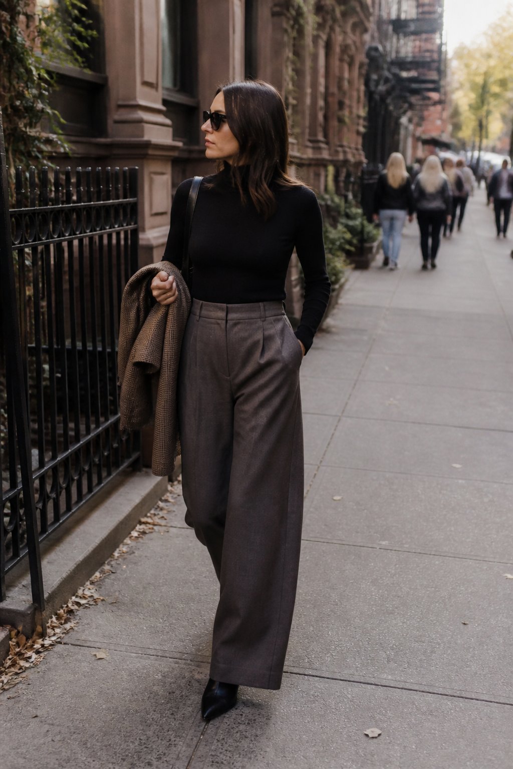 A woman in a black turtleneck, wide-leg trousers, and pointed-toe boots walking on a New York City sidewalk in autumn.