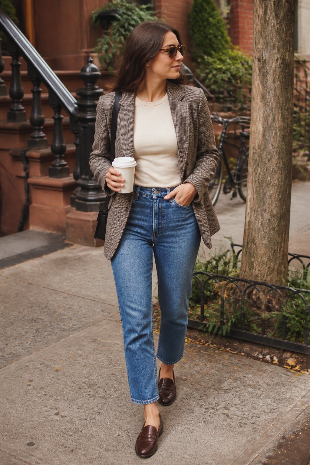 A woman in a plaid blazer, fitted tee, high-rise jeans, and loafers walks along a New York City sidewalk in autumn.