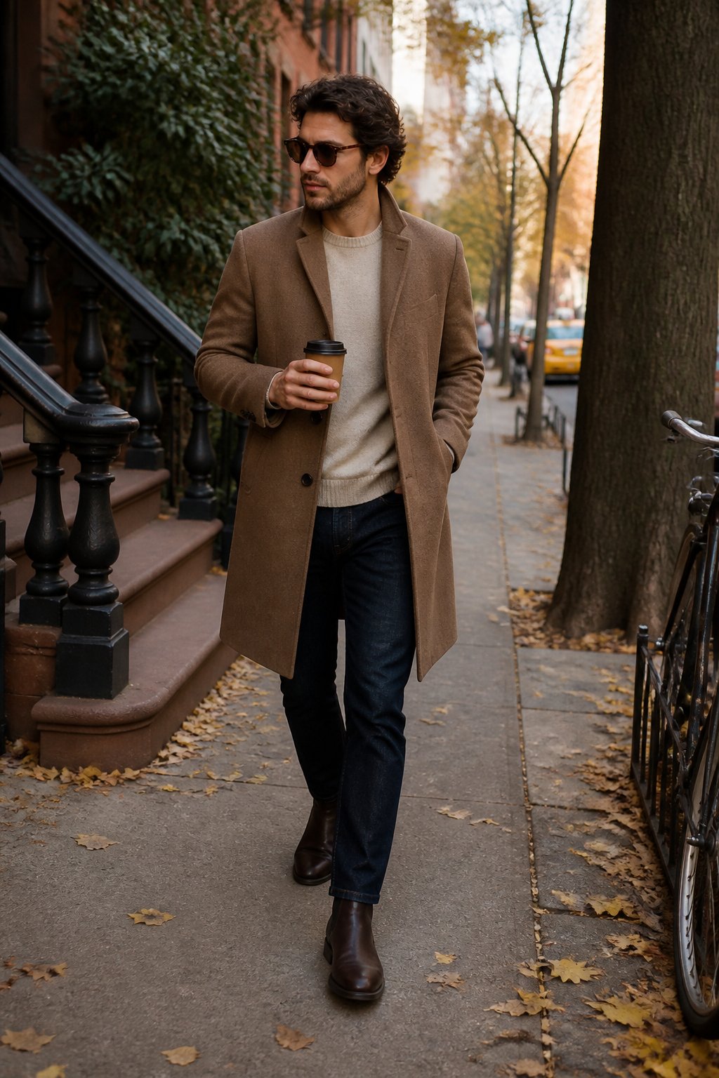 A person in a long wool coat, cashmere sweater, and Chelsea boots walking along a leafy New York City sidewalk in autumn.