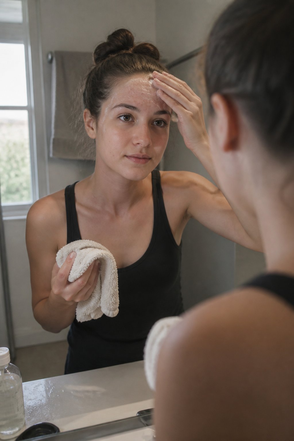 A young adult gently cleanses their forehead in front of a bathroom mirror, with mild acne visible and skincare items nearby.