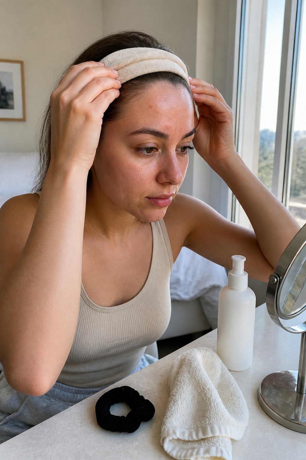 A young adult uses a headband to clear their hair from their forehead beside a simple skincare setup.