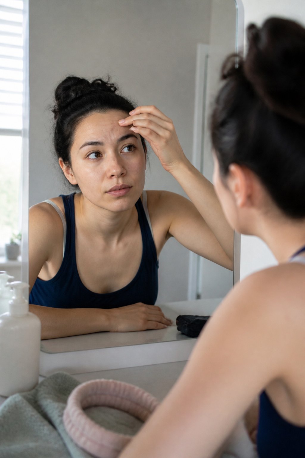 A young adult examines forehead blemishes in a bathroom mirror beside a few everyday skincare items.