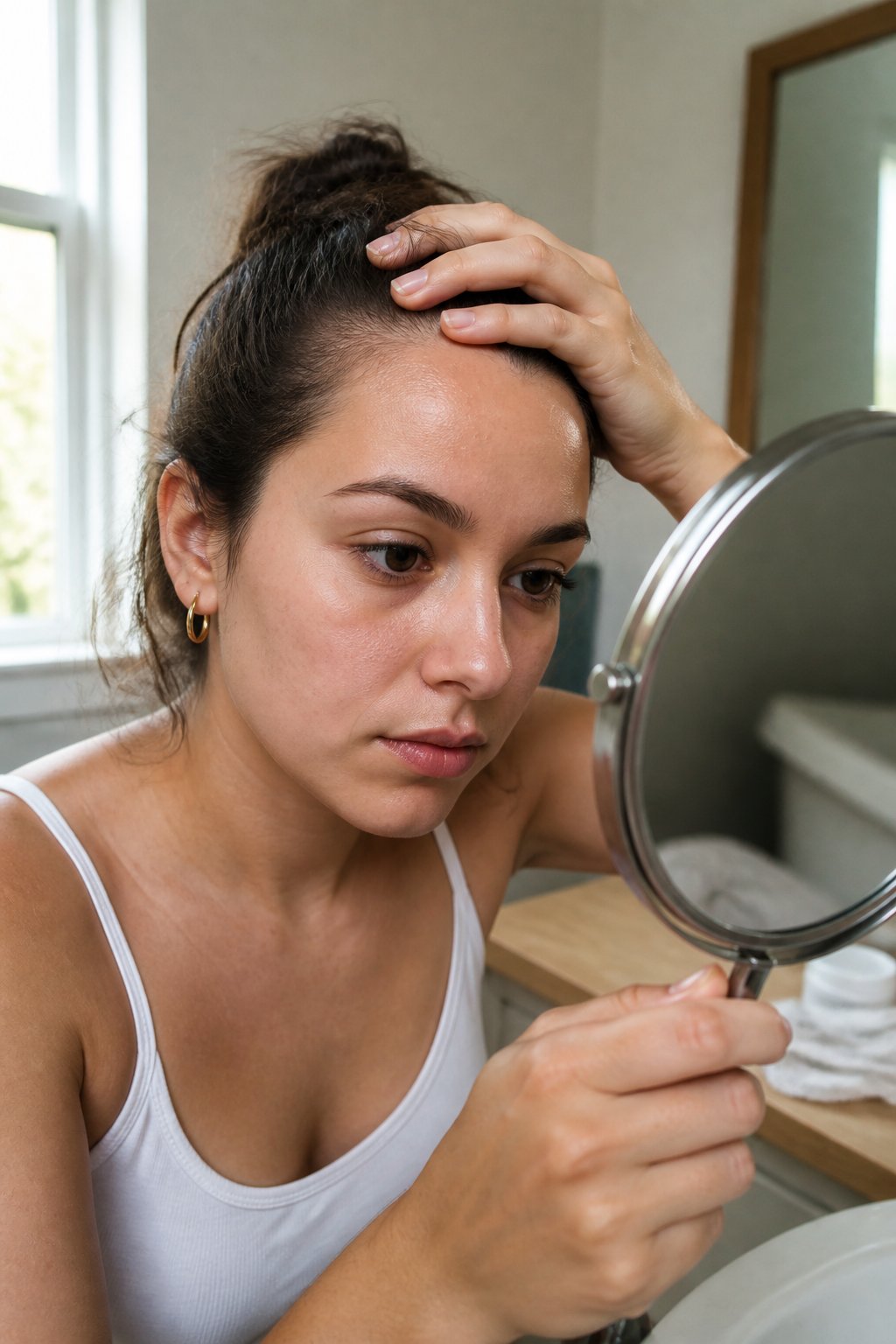 A young adult examines small forehead bumps in a handheld mirror beside a softly lit bathroom window.