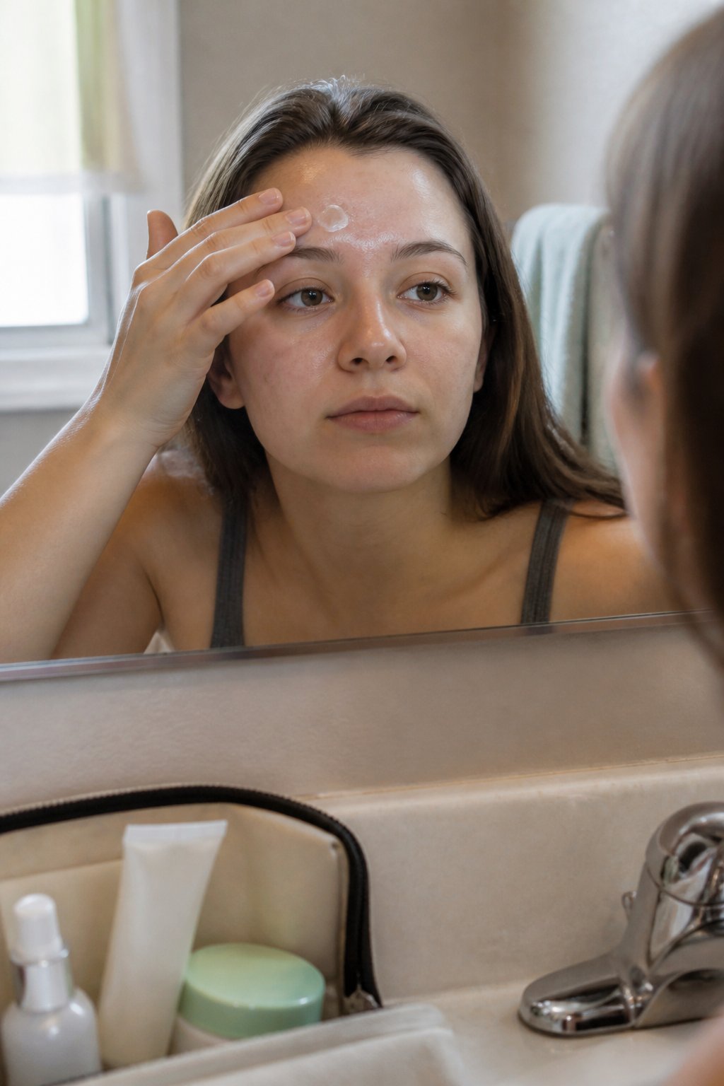 A young adult gently applies acne treatment to mild forehead blemishes beside a bathroom sink.