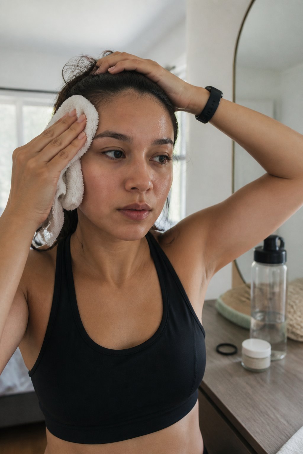 A person lifts their hair away from their forehead while wiping sweat with a clean towel in a naturally lit room.