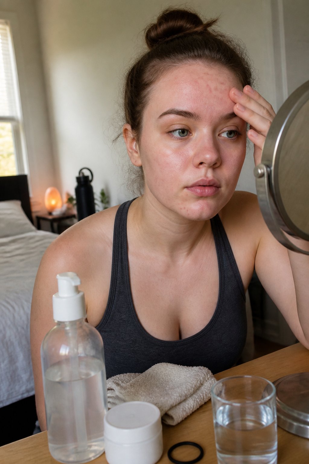 A young adult examines forehead acne in a softly lit bathroom while holding a simple skincare routine.