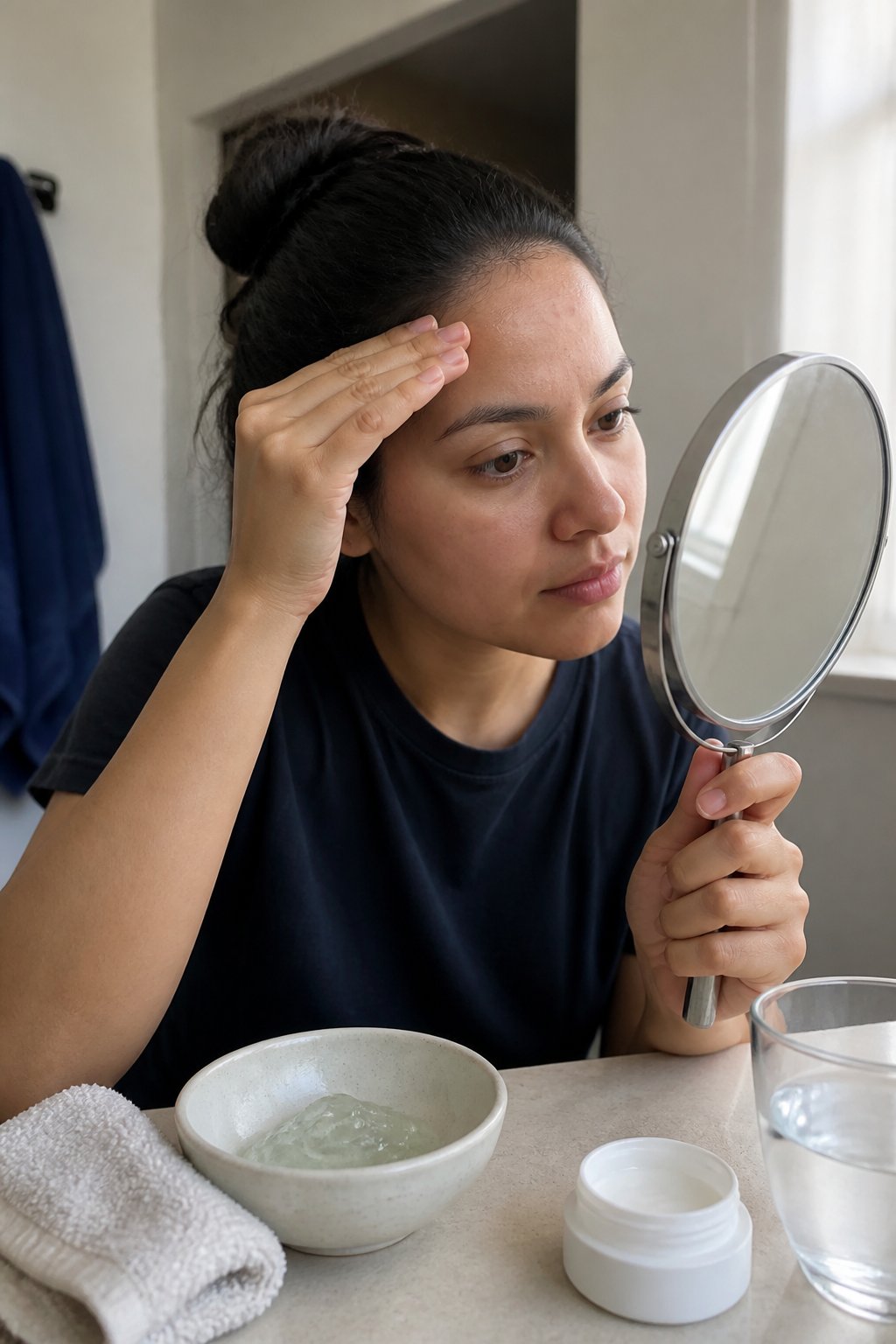 A young adult examines mild forehead acne in a handheld mirror beside simple skincare items.