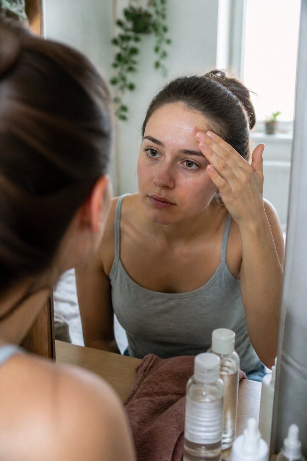 A young adult examines forehead acne in a softly lit bathroom mirror beside a few skincare products.