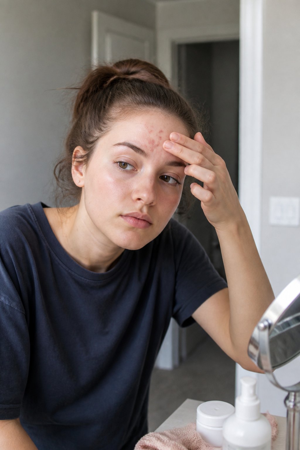A young adult examines mild forehead acne in a bathroom mirror beside everyday skincare items.