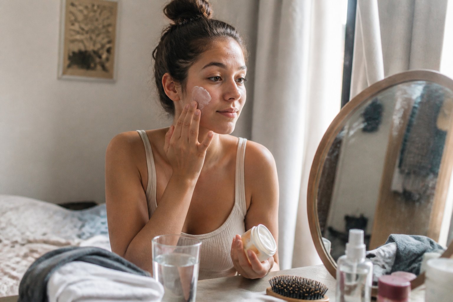 A young adult gets ready in a softly lit room with skincare items and everyday grooming objects nearby.